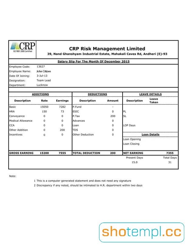 India MahaGenco Paystub PDF Template